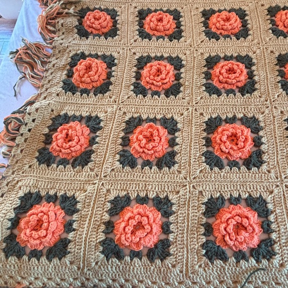 Other - Handmade Crocheted Floral Granny Square Throw - Coral & Tan